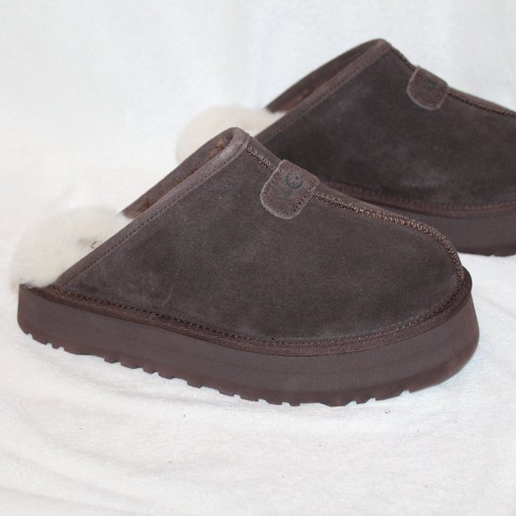NIB‎ UGG WOMEN'S DISCOQUETTE SUEDE SHEARLING SLIP ON SLIPPERS BROWN - Picture 1 of 7